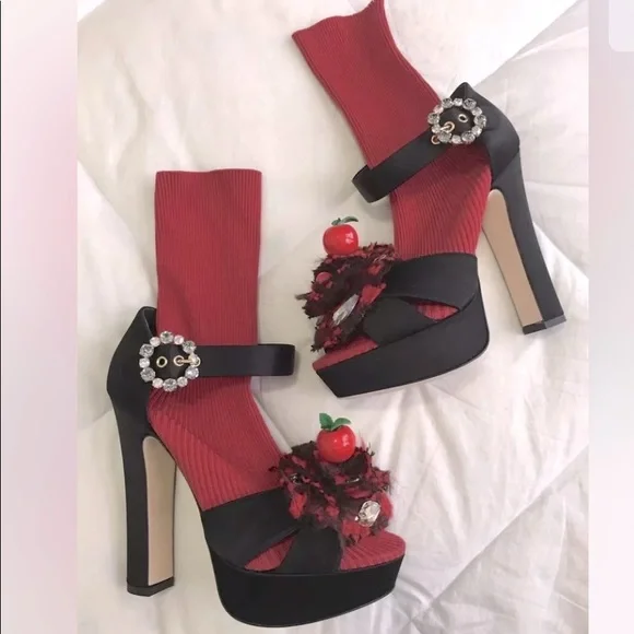 Rare Dolce & Gabbana Black Satin Heel Knit Sock and Appliqué - Picture 1 of 7